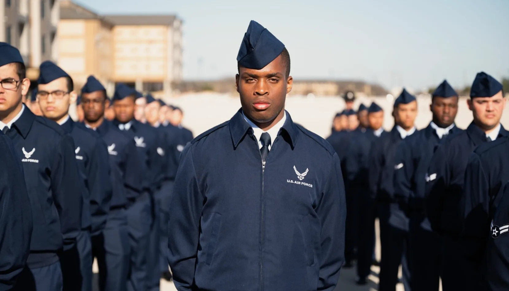 A family at a Lackland Air Force Base graduation in San Antonio