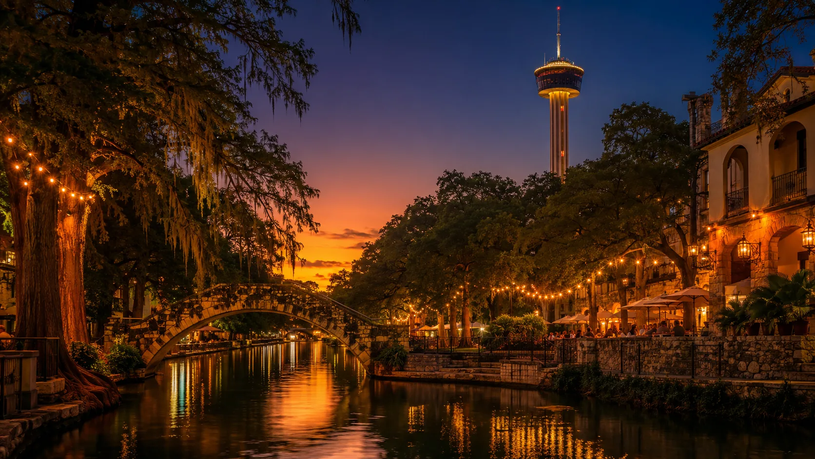 The San Antonio River Walk in golden light